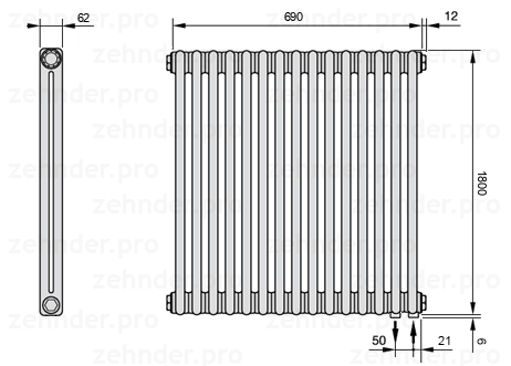 Схема (чертеж) Радиатор Zehnder Charleston 2180/15 №5510 Белый глянцевый RAL 9016